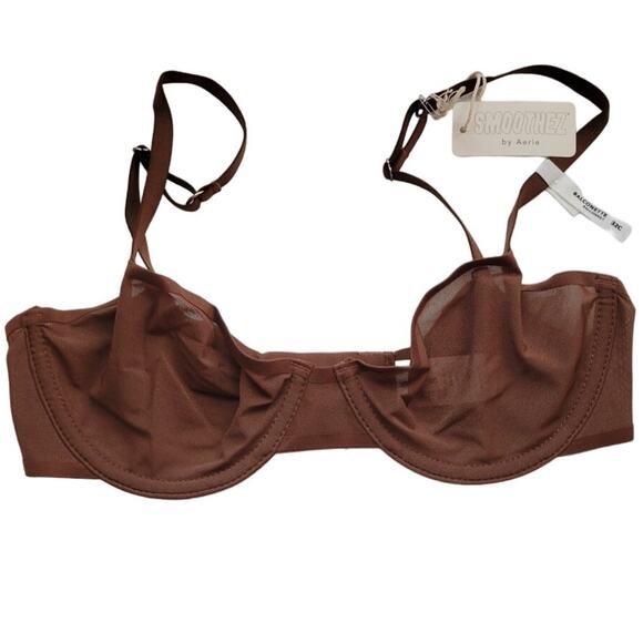 NWT Smoothez by Aerie Chocolate Brown Semi Sheer Balconette Bra - 32C - Picture 1 of 5